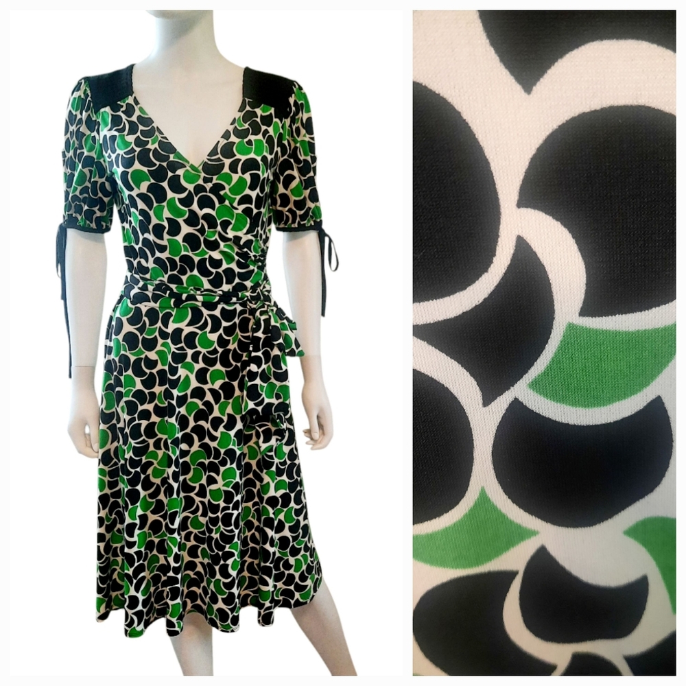 Y2K DONNA MORGAN Surplice Fit & Flare Knit Print Short Sleeve Dress Sz 10 Multi